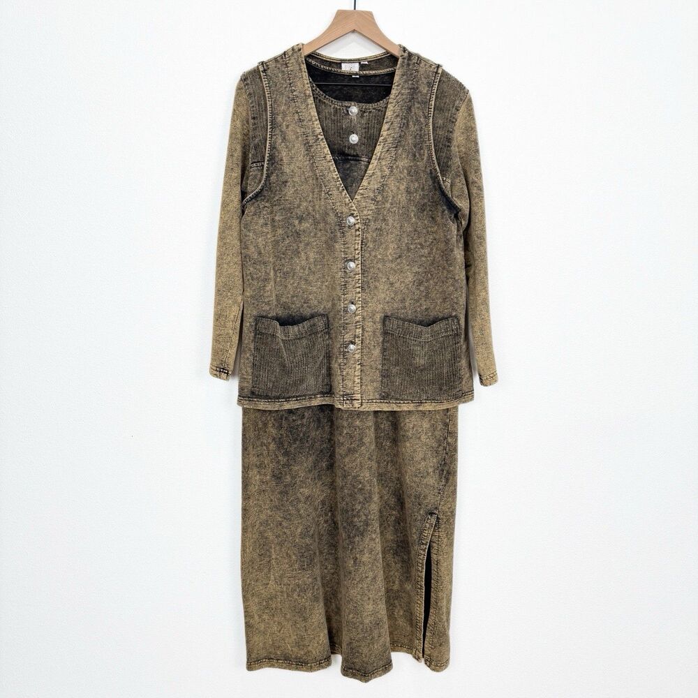 Vtg Focus 90s Dress & Vest Set Womens Small Brown 100% Cotton Lagenlook‎ Hippie